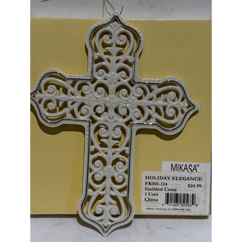 New Mikasa Holiday Elegance Gilded Cross Porcelain Ornament white Gold 10in holy